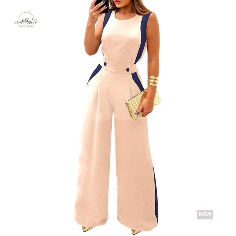 Sleeveless Wide Leg Jumpsuit with Color Block Panels, Size Medium